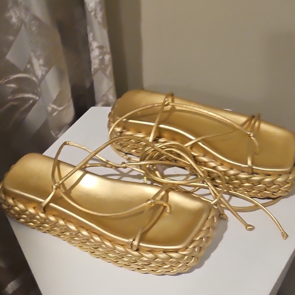 Mundial Metallic Gold Strappy Platform Sandals - Picture 3 of 5